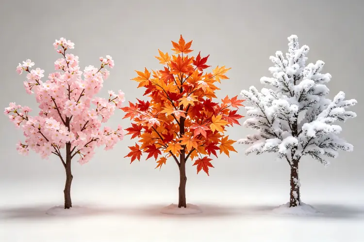 Seasonal artificial flower trees collection showing spring cherry blossom, fall maple, and winter snow trees