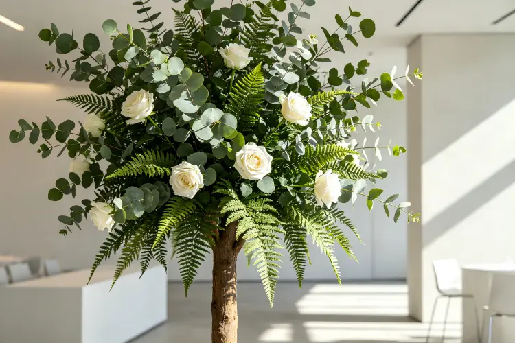 Mixed greenery and flower artificial tree with eucalyptus and white roses