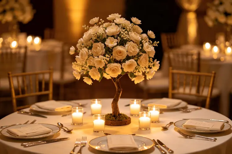 Mini tabletop artificial flower tree centerpiece on wedding reception table