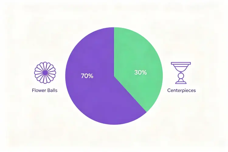 Infographic showing ideal rental inventory mix: 70% flower balls, 30% centerpieces
