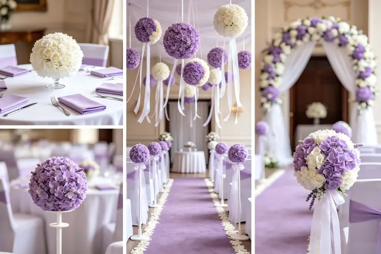 Collage showing flower balls used as table centerpieces, hanging from ceiling, aisle markers, and arch accents