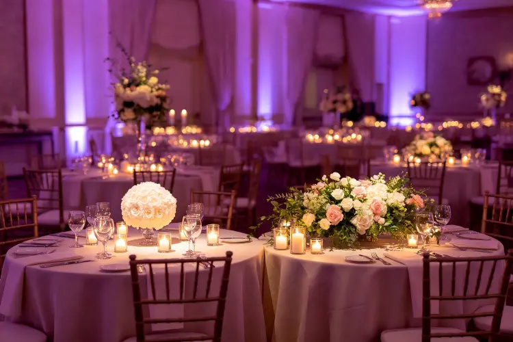 Visual impact comparison of flower ball and centerpiece at wedding reception