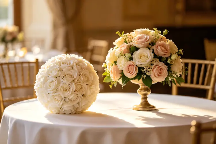 Side by side comparison of artificial flower ball and floral centerpiece on event table