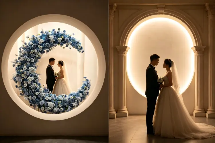 Visual impact comparison showing moon gate arch and round arch at luxury wedding ceremony