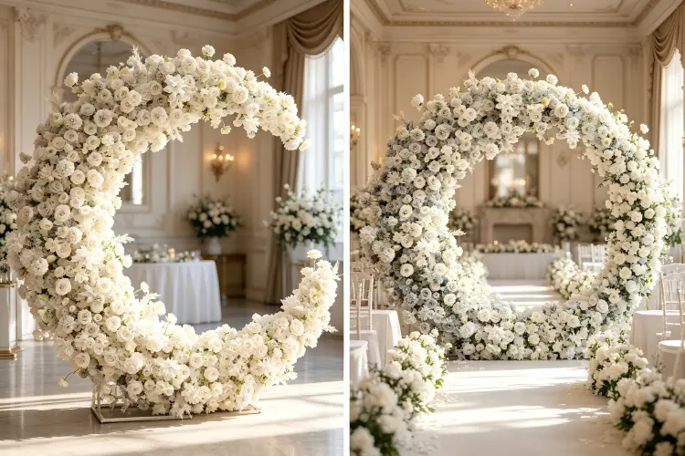 Moon gate arch vs regular round arch side by side comparison at wedding venue
