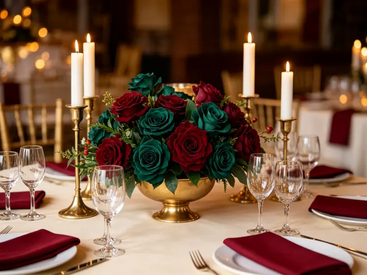 Jewel tone wedding decor combination emerald green gold burgundy cream luxury reception