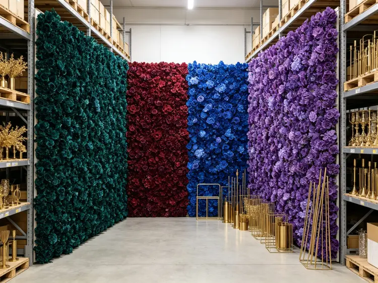 Rental business inventory of jewel tone floral collections emerald burgundy sapphire amethyst