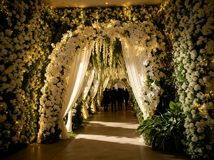 Immersive floral installation tunnel at luxury wedding event with hanging flowers and lights