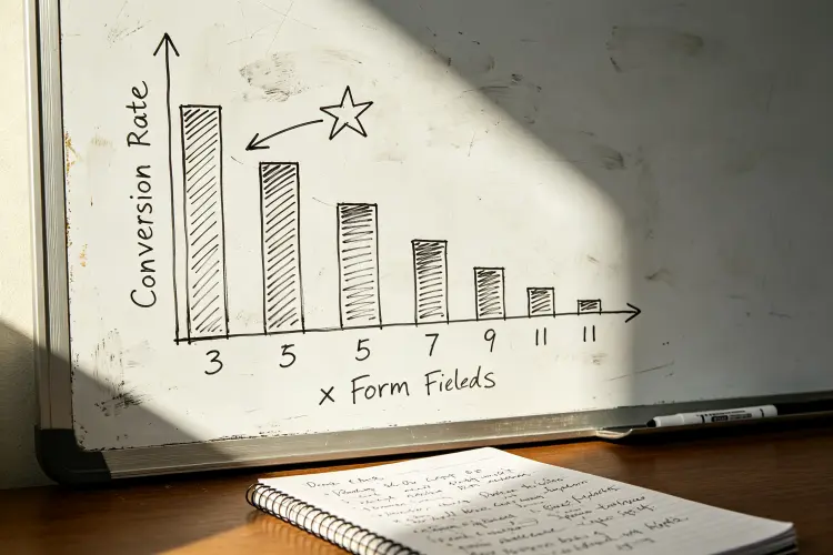 Bar chart showing conversion rate dropping as form fields increase, hand-drawn on whiteboard