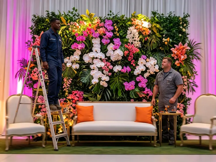 Event setup team installing artificial flower wall at wedding venue, time-lapse photography showing team working with ladders and floral panels, warm venue lighting