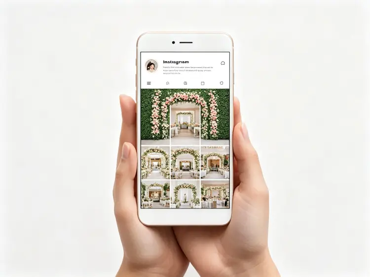 Smartphone showing Instagram profile of event rental company with grid of floral setup photos, setup videos, and behind-the-scenes content