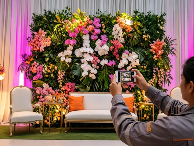 Event rental team member using smartphone to photograph finished flower wall setup at wedding venue, professional lighting, composition focused on floral details