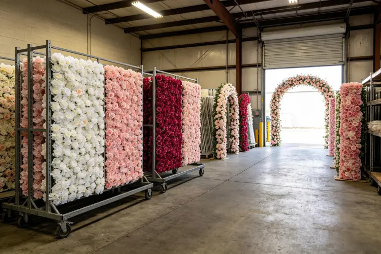 Event rental warehouse interior with rolling racks of artificial flower wall panels, arches, and columns organized by color, ready for package fulfillment