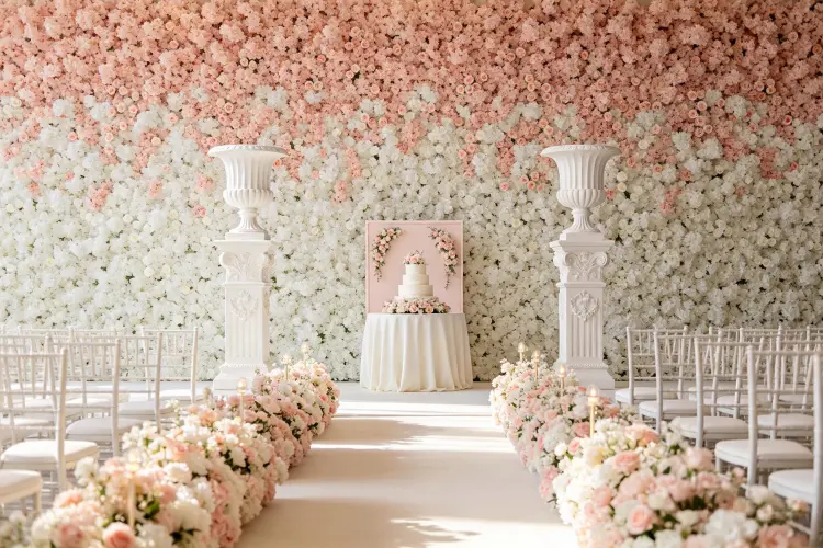 Wedding ceremony setup with flower wall backdrop, white columns framing aisle, floral aisle markers, and cake table decor showing complete add-on package