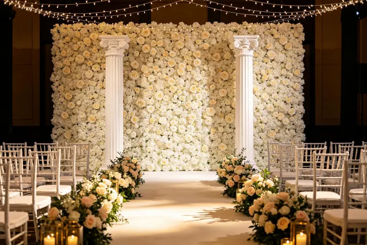 Complete wedding ceremony setup with artificial flower wall backdrop, white columns framing aisle, floral aisle markers, and elegant seating showing full decor package