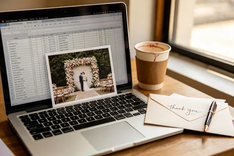 Event rental business owner reviewing client database on laptop with wedding photos, calendar reminders for follow-up, and thank you card on desk, warm office lighting