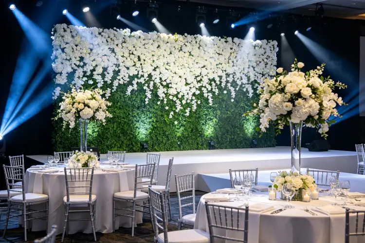 Corporate gala event with artificial flower wall backdrop, branded stage, elegant table centerpieces, professional lighting, no people, upscale corporate event decor setup