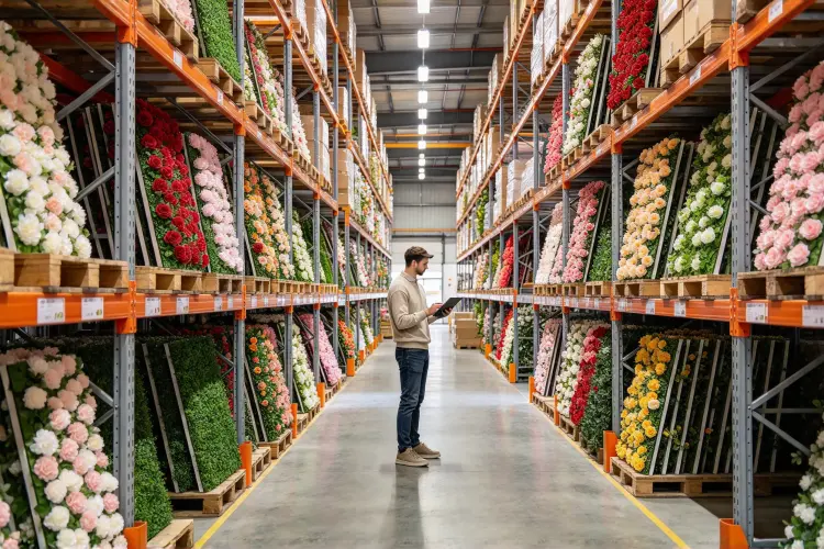 Professional warehouse interior, rows of artificial flower wall panels neatly stacked on metal shelves, a worker holding a tablet checking inventory, warm industrial lighting