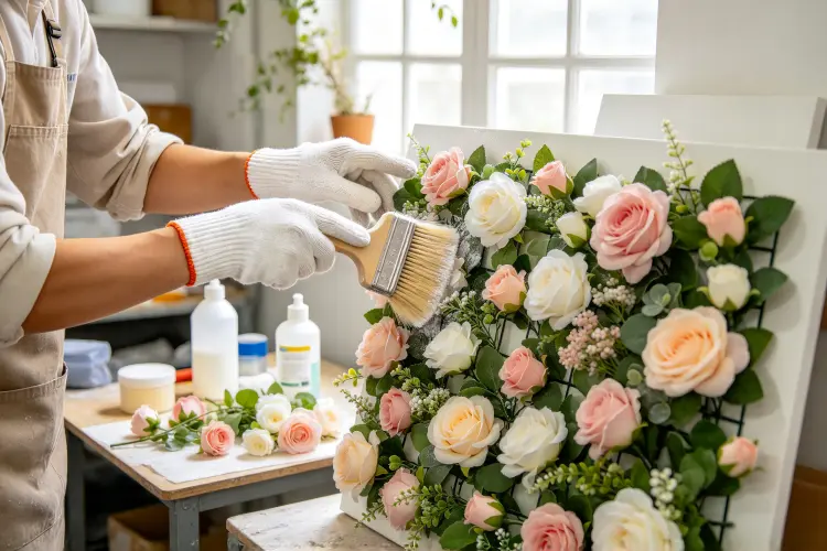 Worker wearing white gloves carefully cleaning an artificial flower wall panel with a soft brush, workshop setting, cleaning supplies on table, soft natural lighting