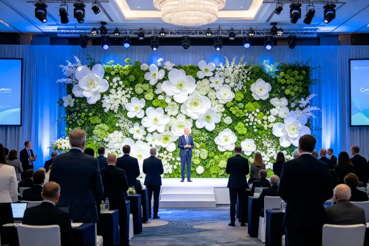 Corporate event branded flower wall backdrop with company logo at conference venue