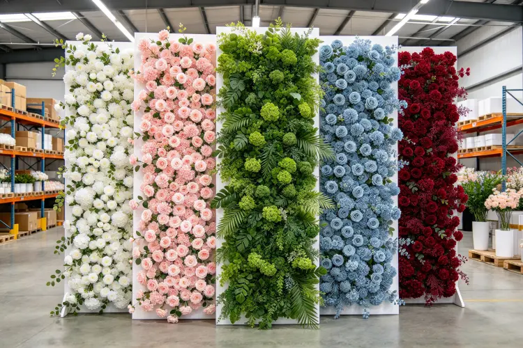 Multiple flower wall colors displayed side by side in showroom white blush greenery blue