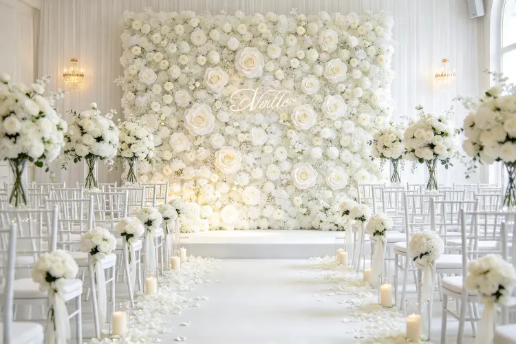 Elegant white flower wall backdrop at wedding ceremony with soft lighting