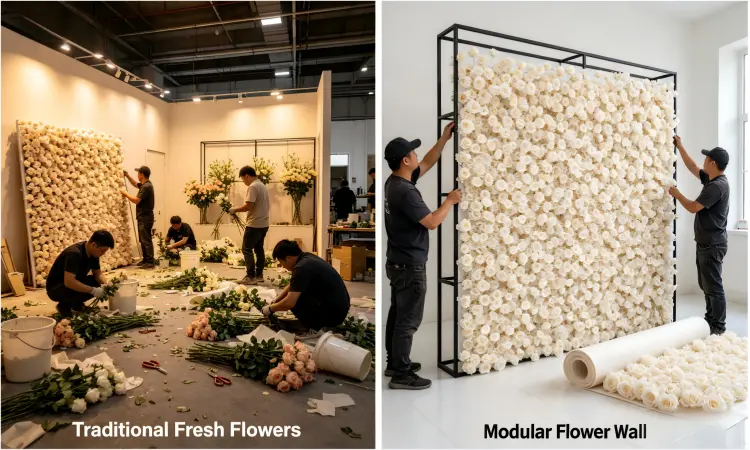 trade show floral setup time comparison fresh vs reusable