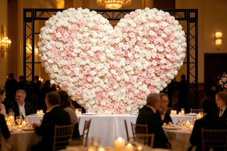 valentines day gala event with heart flower wall backdrop