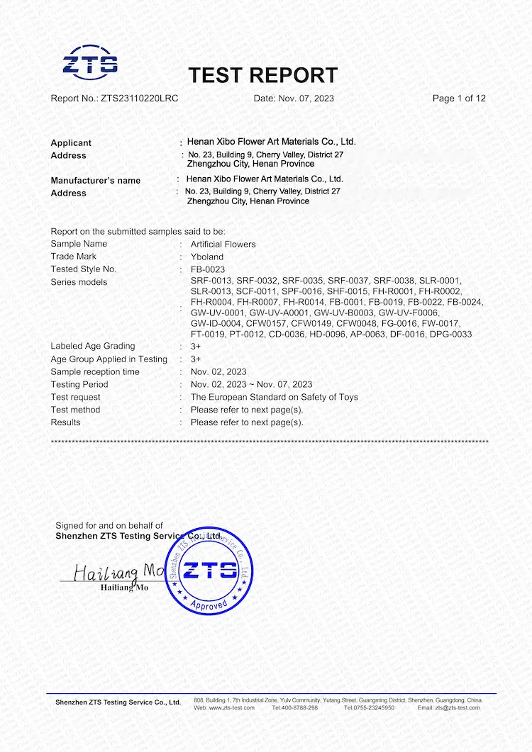 Test Report – EN71 Toy Safety Test for Artificial Flowers