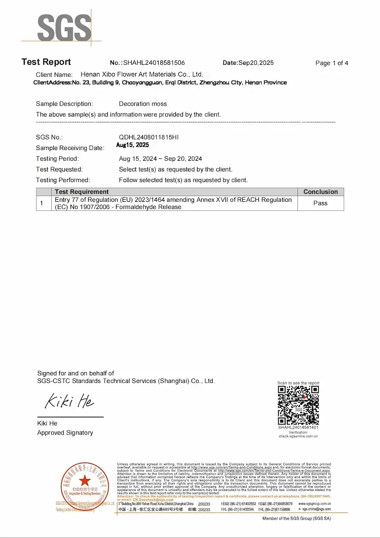 SGS Test Report – REACH Formaldehyde Release Test for Decoration Moss